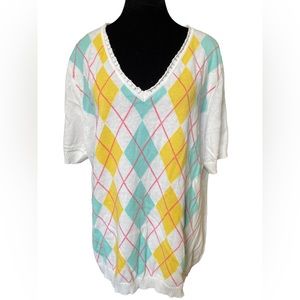 Liz Claiborne New York Plus Bright Preppy Academia Argyle Short Sleeve Sweater